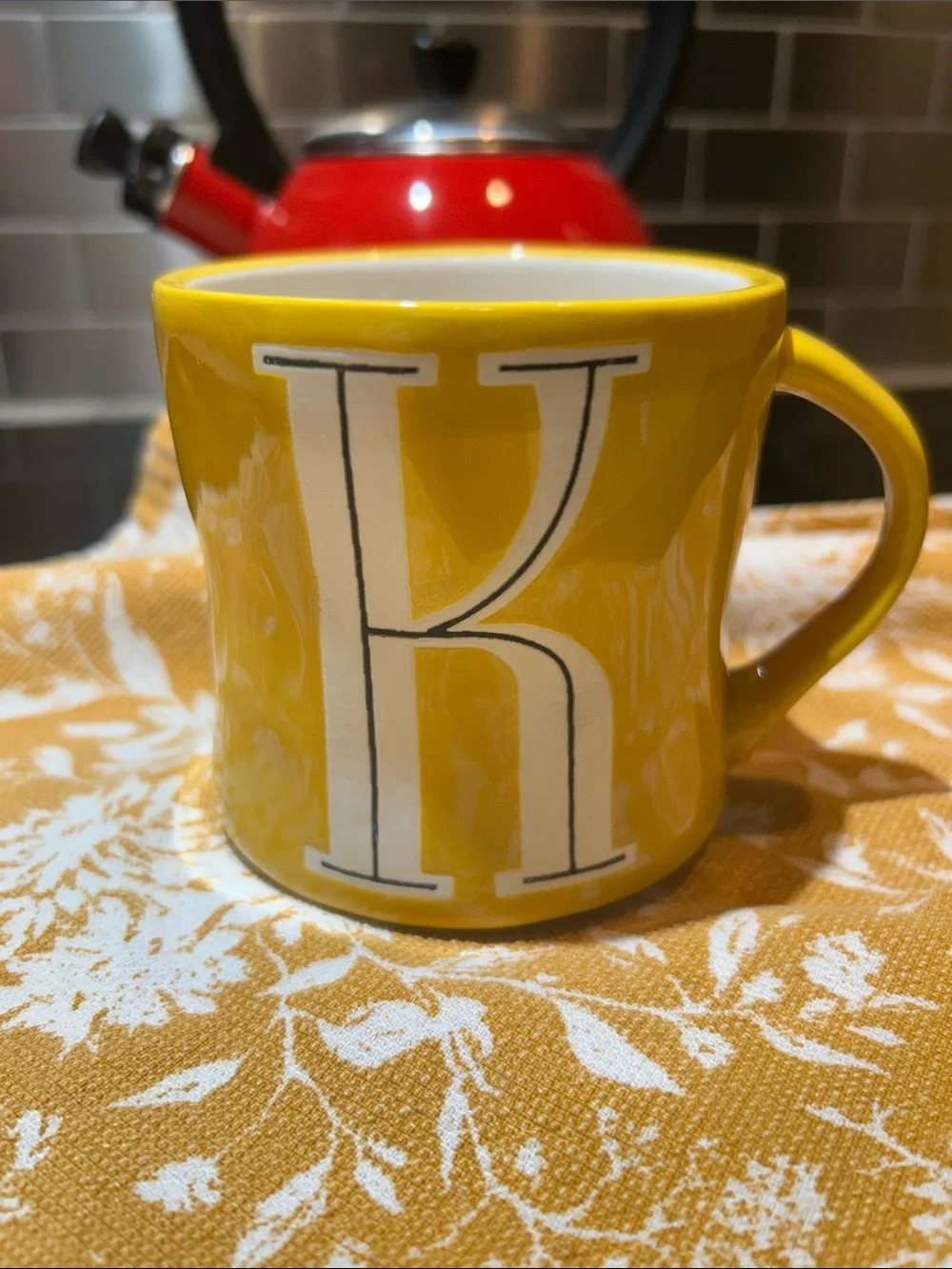 Anthropologie Yellow and White Hand-Painted Ceramic Mug with letter K